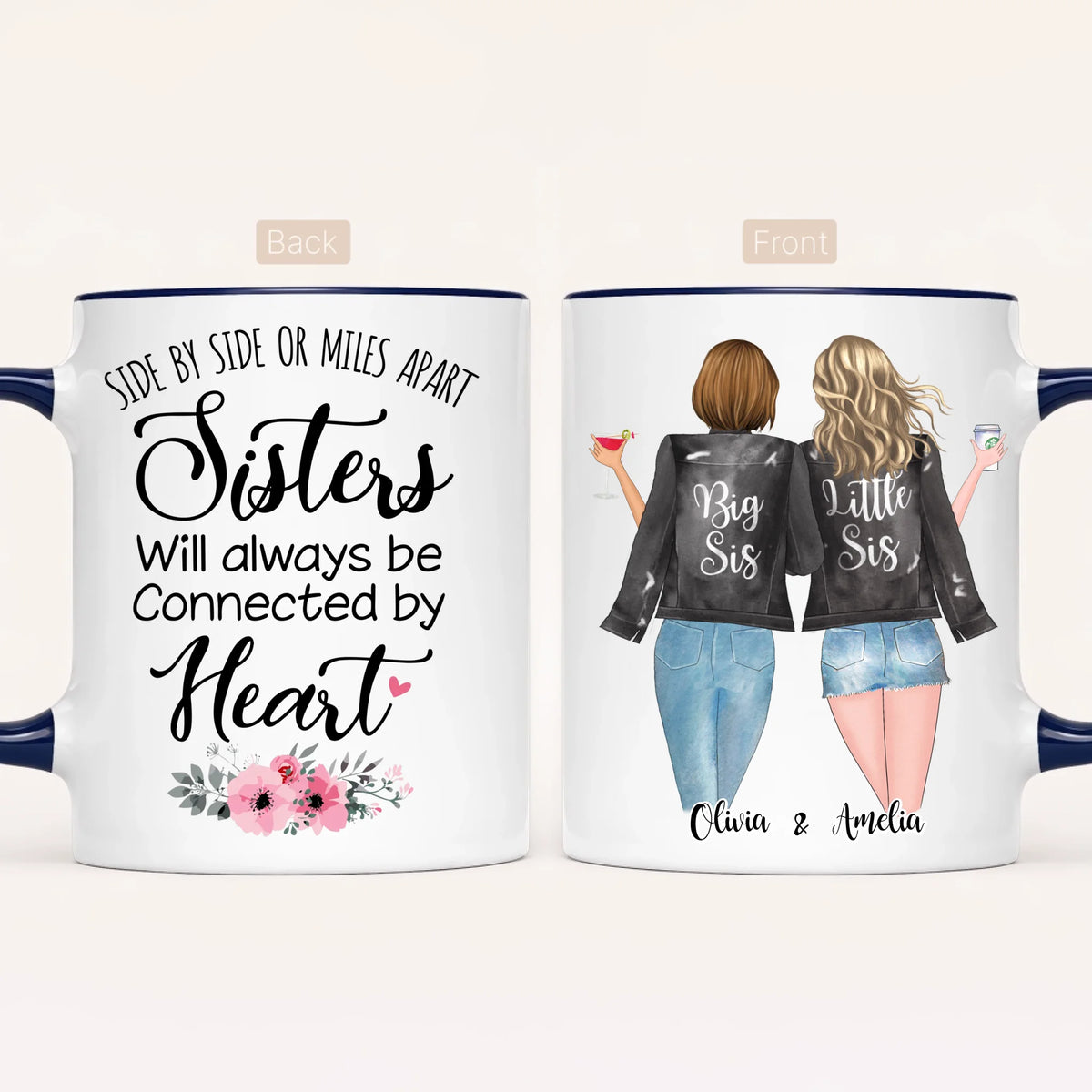 Personalised Sister Mug | Side by Side, Miles Apart